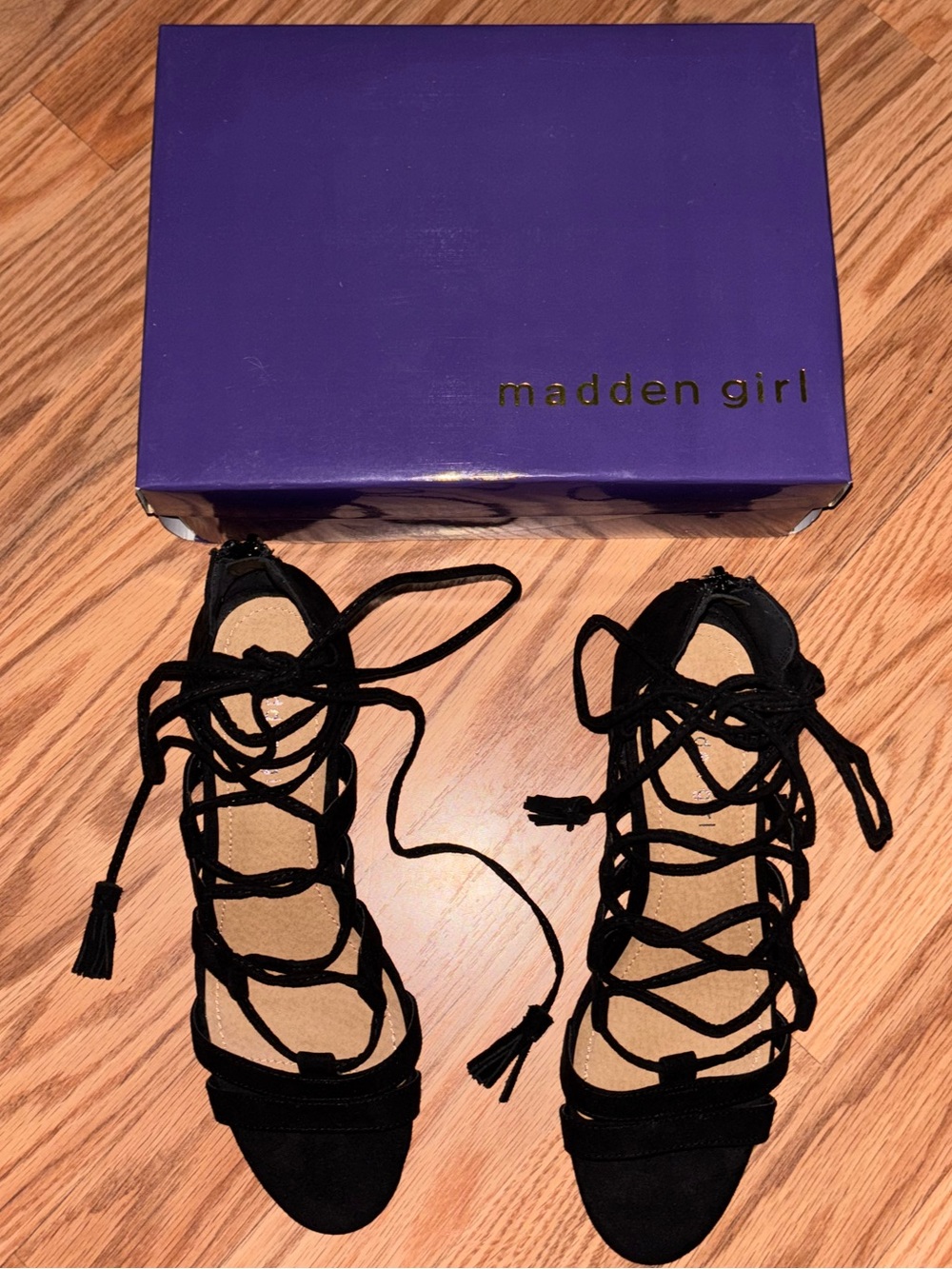Madden Girl Black Lace-Up Suede Heeled Sandals